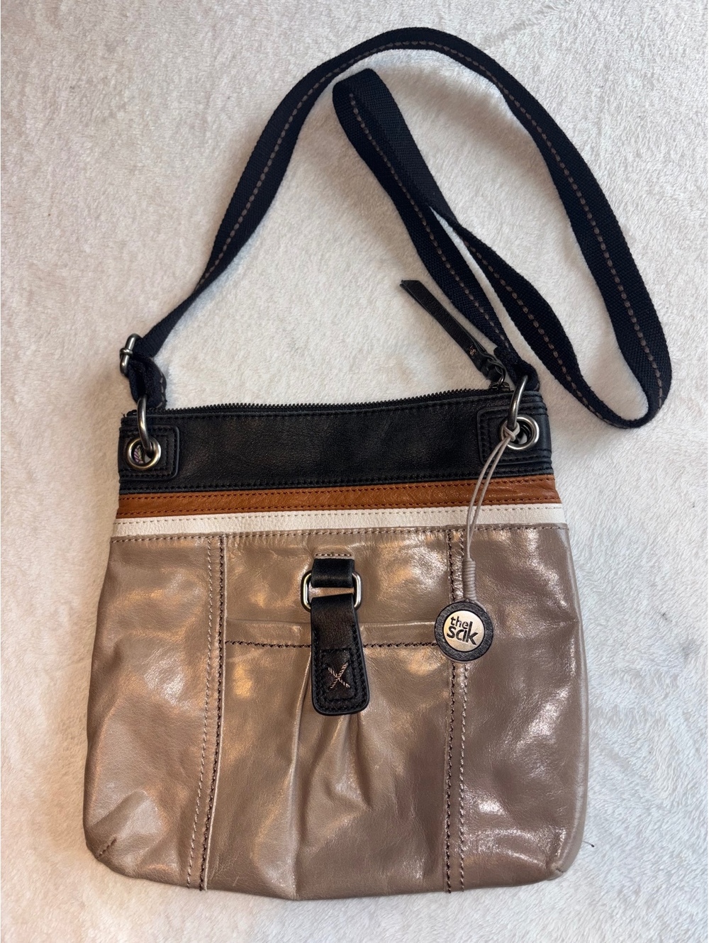 The Sak Kendra Leather Crossbody Bag Neutral Colorblock Striped Boho Purse 11x11